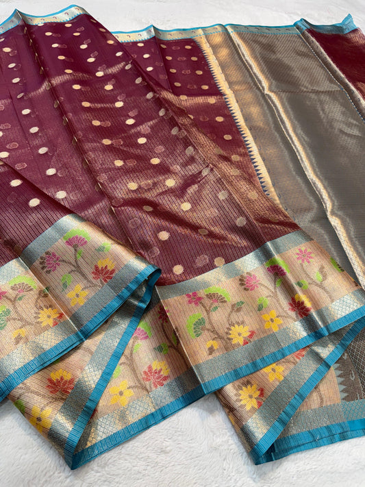 Wine Tissue Kota Designer Embroidery Premium Banarasi Saree