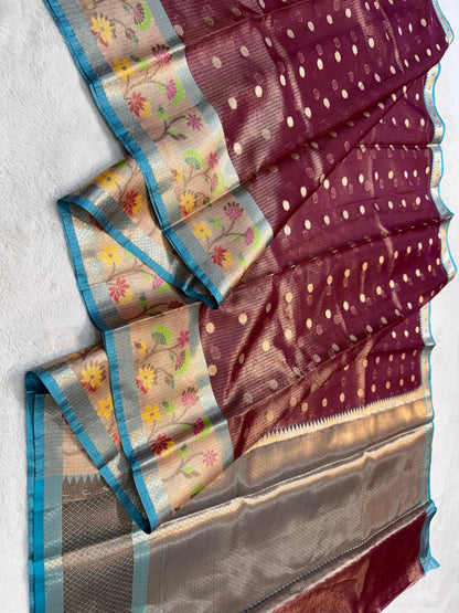 Wine Tissue Kota Designer Embroidery Premium Banarasi Saree