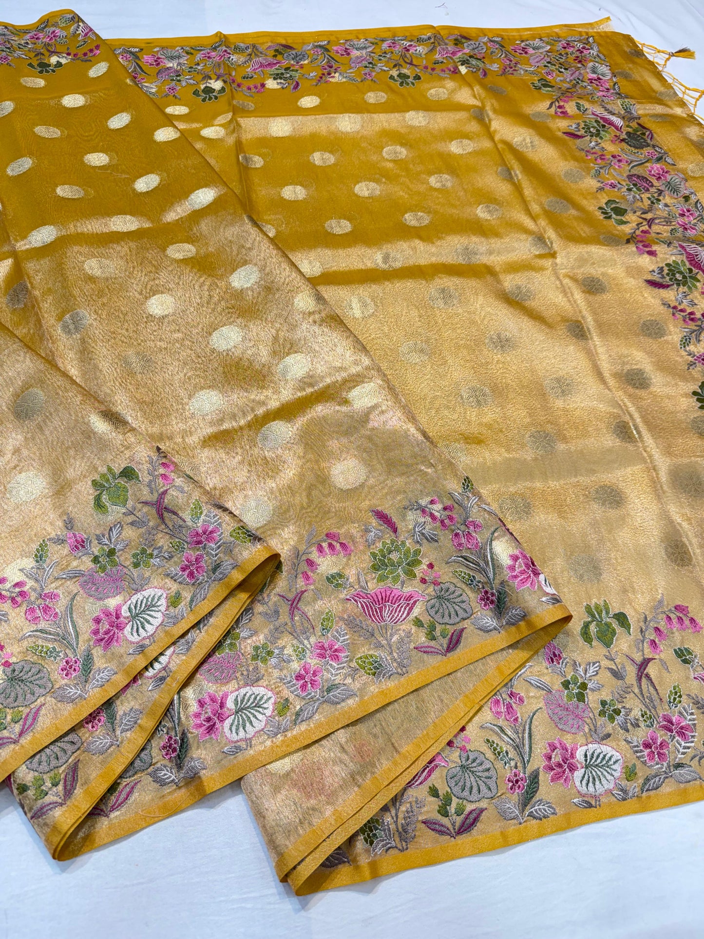 Gold Tissue Designer Embroidery Premium Banarasi Saree