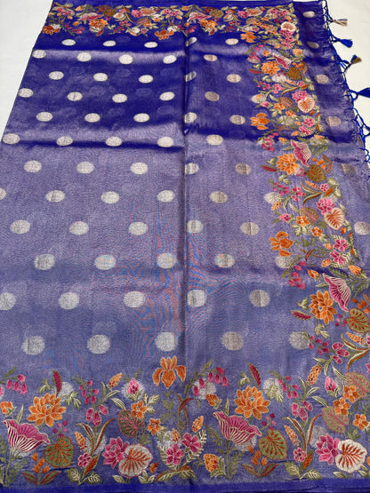 Blue Tissue Designer Embroidery Premium Banarasi Saree