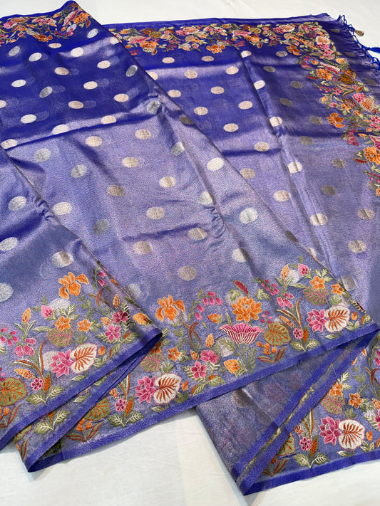 Blue Tissue Designer Embroidery Premium Banarasi Saree