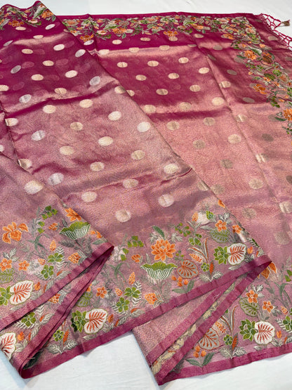 Magenta Tissue Designer Embroidery Premium Banarasi Saree