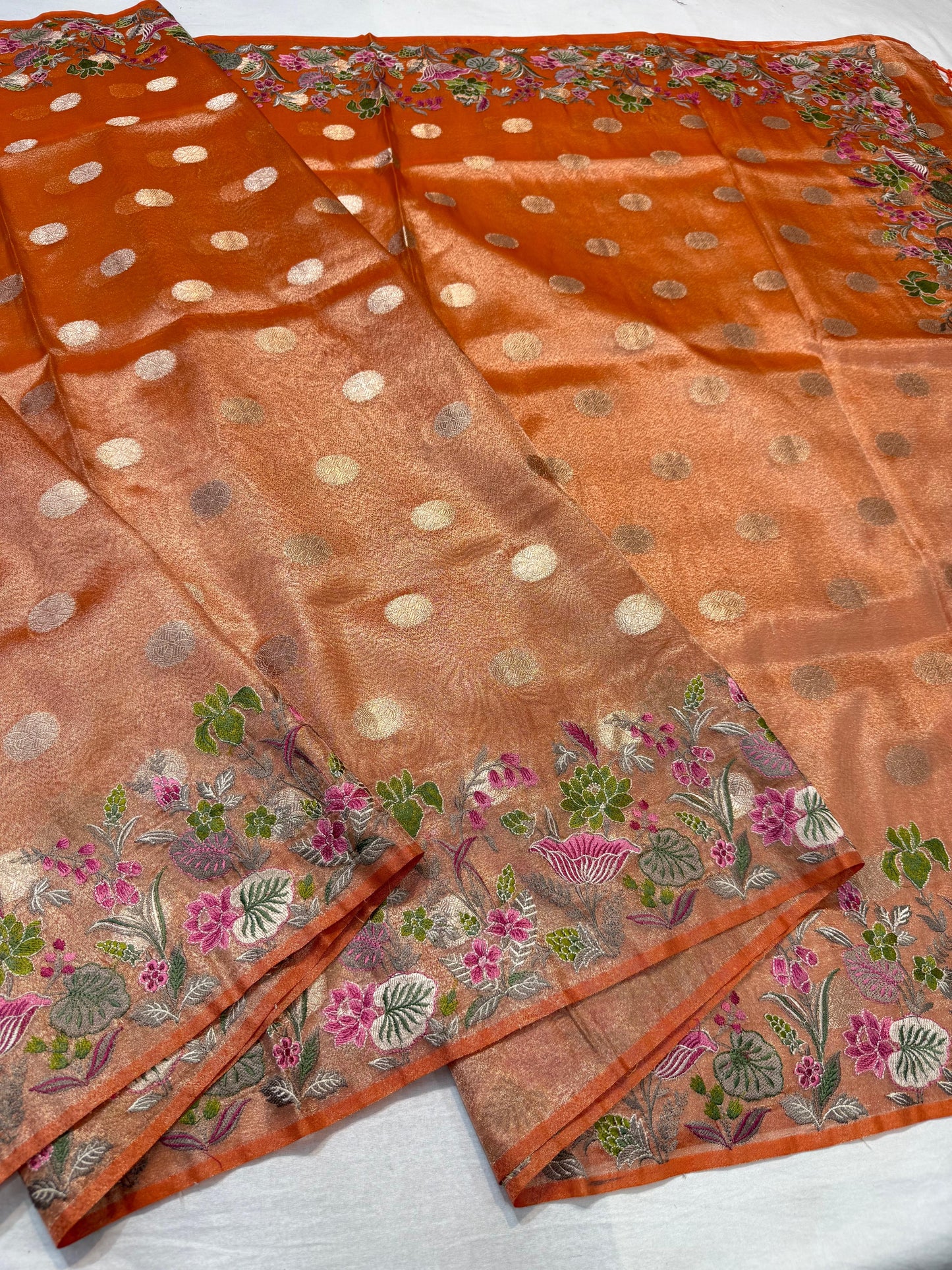 Orange Tissue Designer Embroidery Premium Banarasi Saree