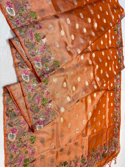 Orange Tissue Designer Embroidery Premium Banarasi Saree