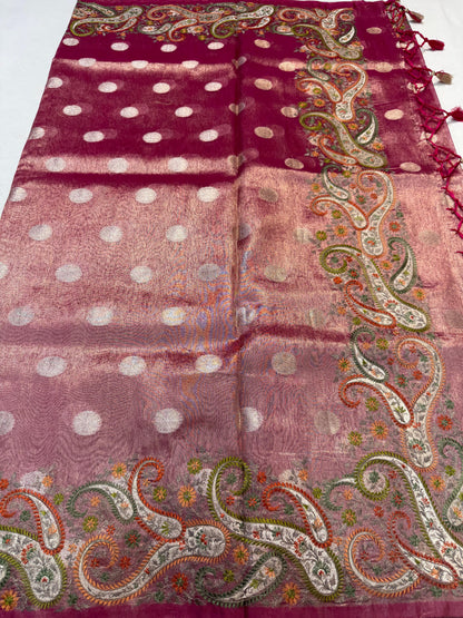 Magenta Tissue Designer Embroidery Premium Banarasi Saree
