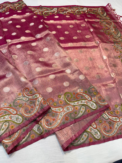 Magenta Tissue Designer Embroidery Premium Banarasi Saree
