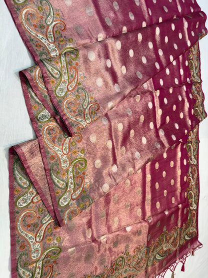 Magenta Tissue Designer Embroidery Premium Banarasi Saree