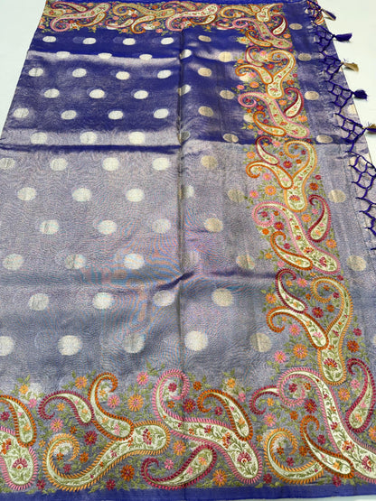 Blue Tissue Designer Embroidery Premium Banarasi Saree