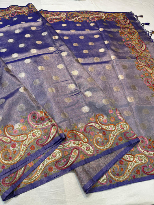 Blue Tissue Designer Embroidery Premium Banarasi Saree
