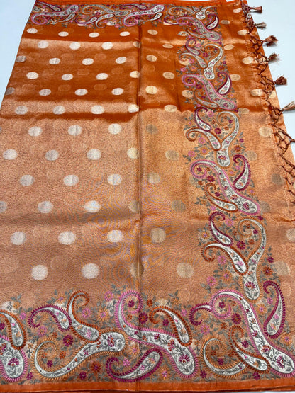 Orange Tissue Designer Embroidery Premium Banarasi Saree