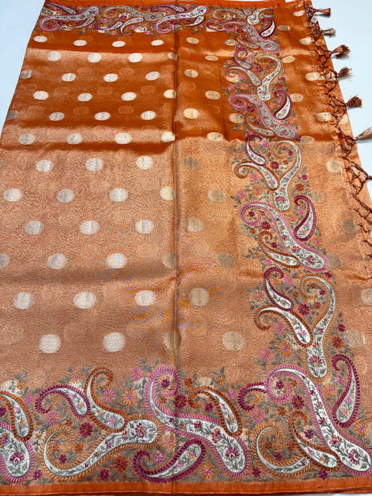 Orange Tissue Designer Embroidery Premium Banarasi Saree