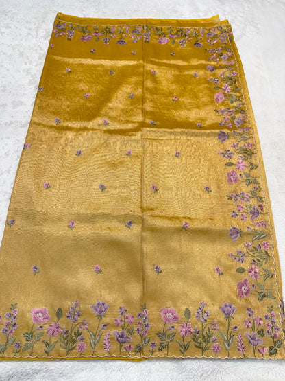 Gold Tissue Cutwork Designer Embroidery Premium Banarasi Saree