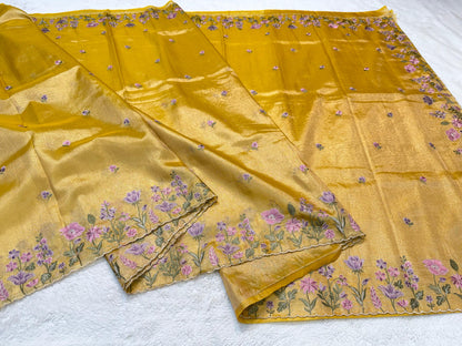 Gold Tissue Cutwork Designer Embroidery Premium Banarasi Saree