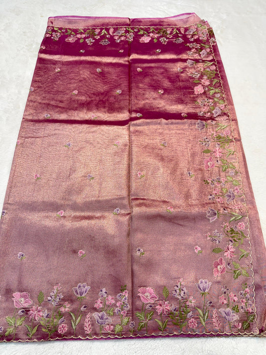 Magenta Tissue Cutwork Designer Embroidery Premium Banarasi Saree