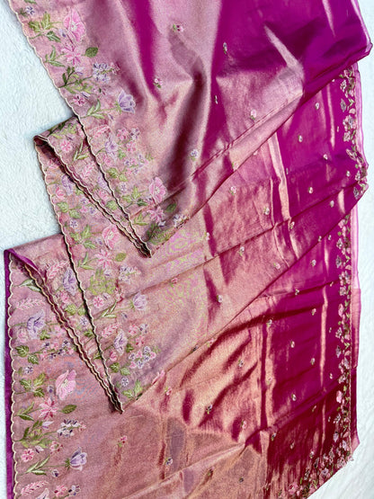 Magenta Tissue Cutwork Designer Embroidery Premium Banarasi Saree