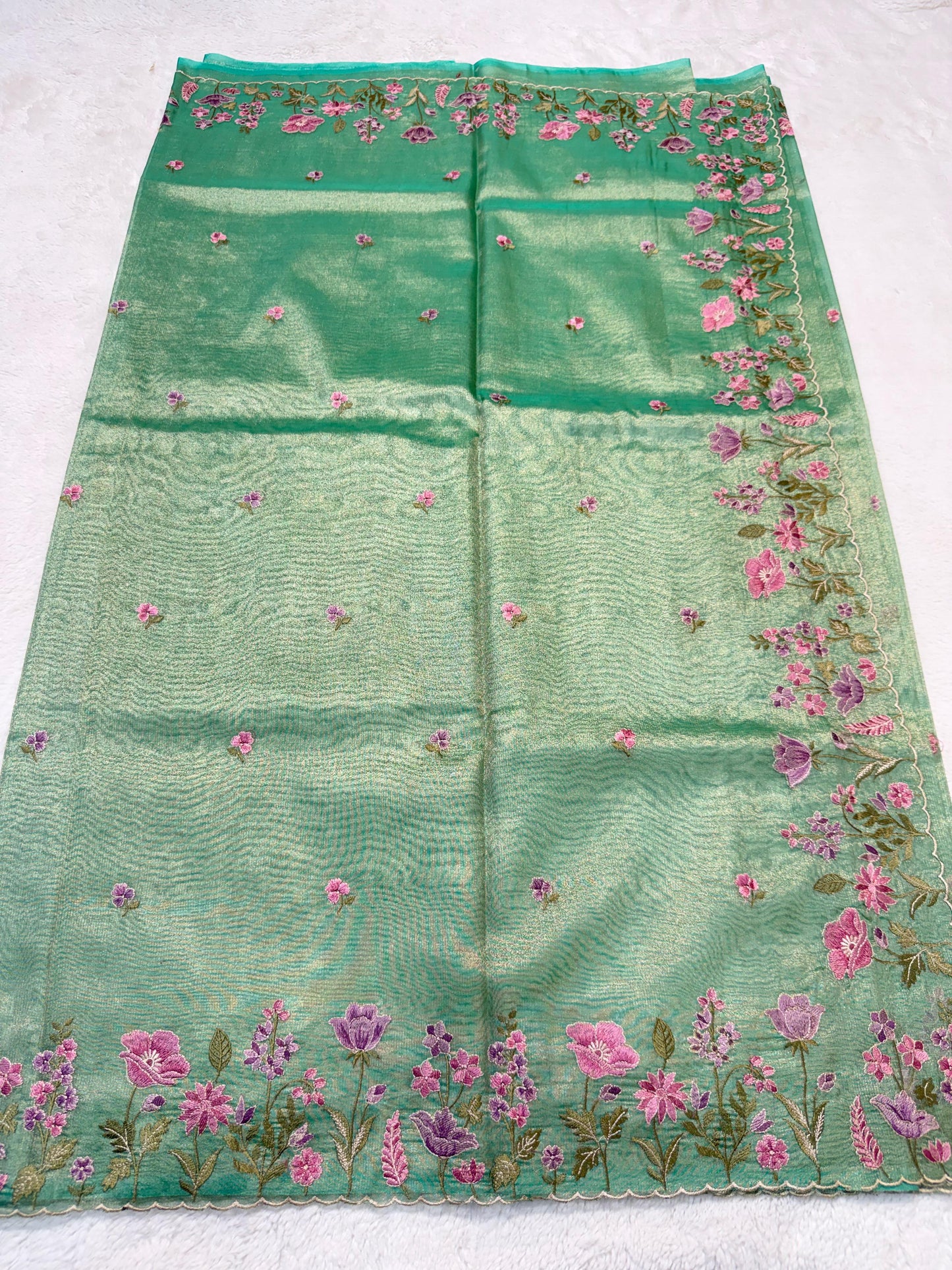 Mint Green Tissue Cutwork Designer Embroidery Premium Banarasi Saree