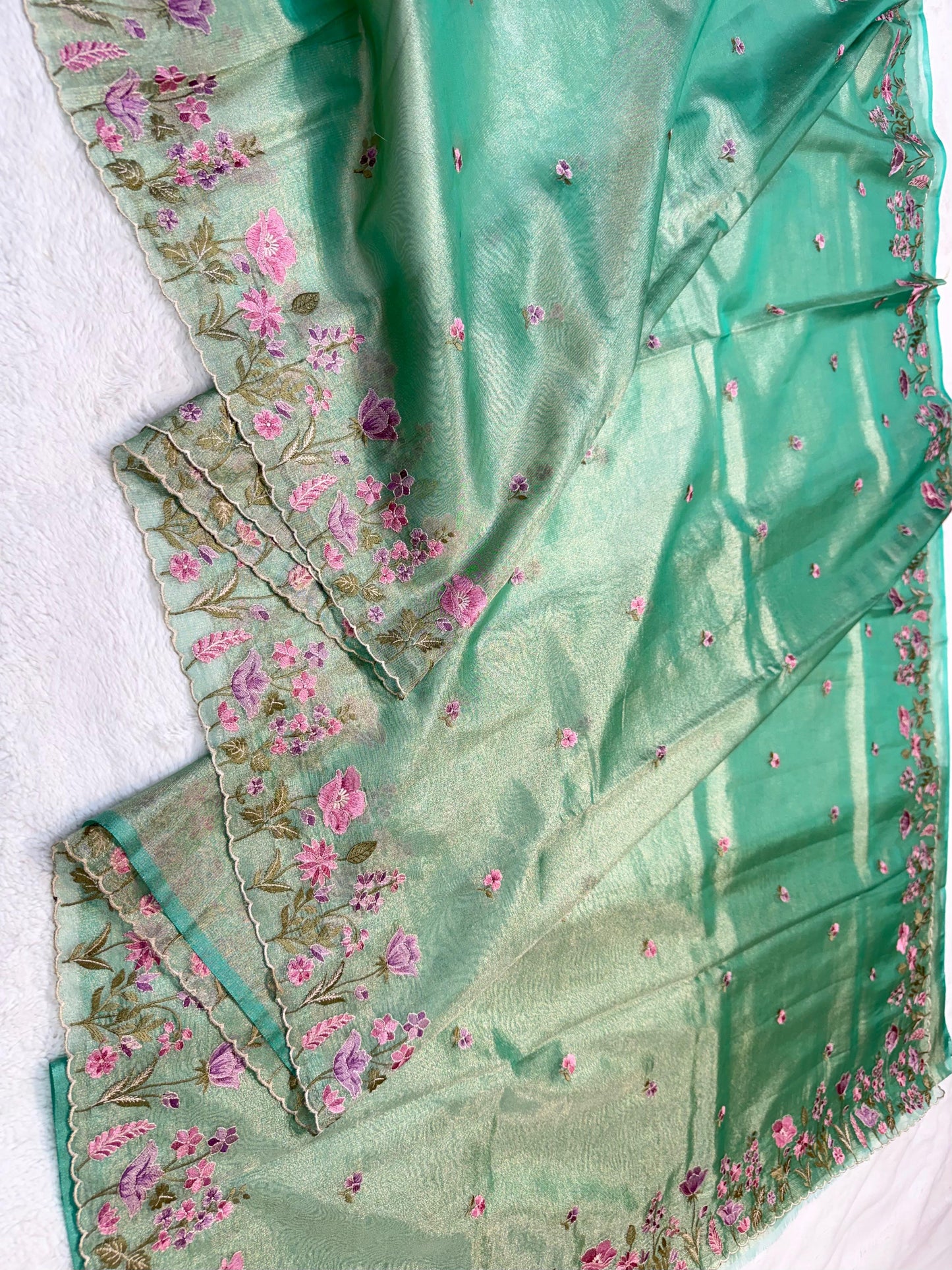 Mint Green Tissue Cutwork Designer Embroidery Premium Banarasi Saree
