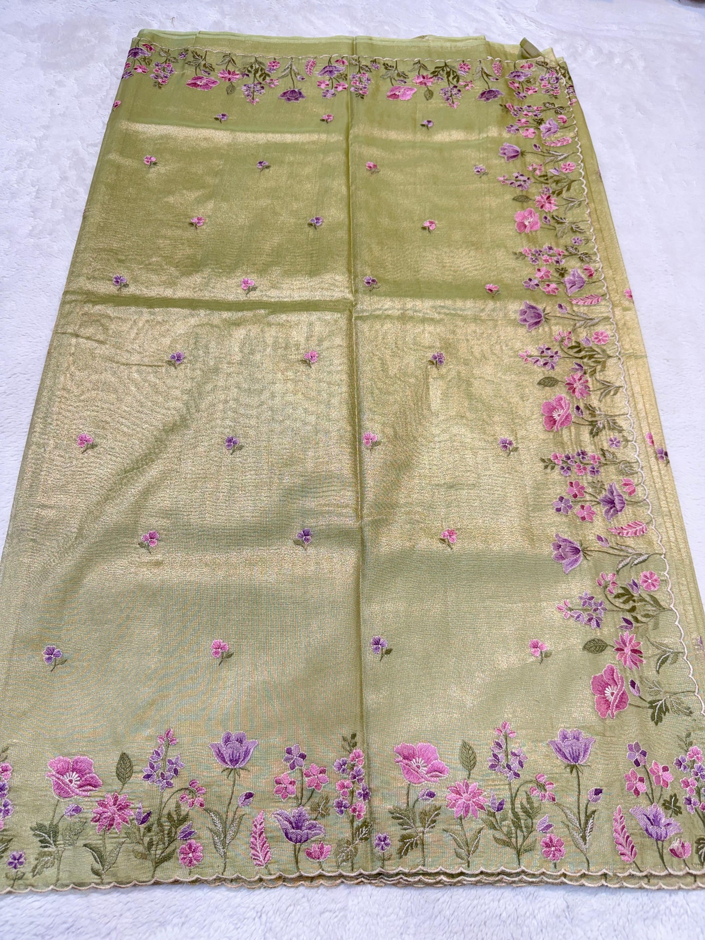 Pista Green Tissue Cutwork Designer Embroidery Premium Banarasi Saree