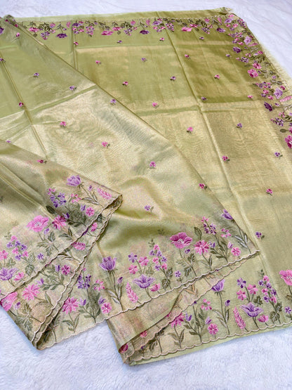 Pista Green Tissue Cutwork Designer Embroidery Premium Banarasi Saree