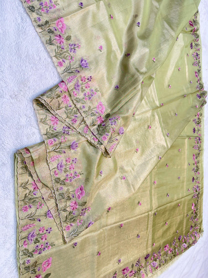 Pista Green Tissue Cutwork Designer Embroidery Premium Banarasi Saree