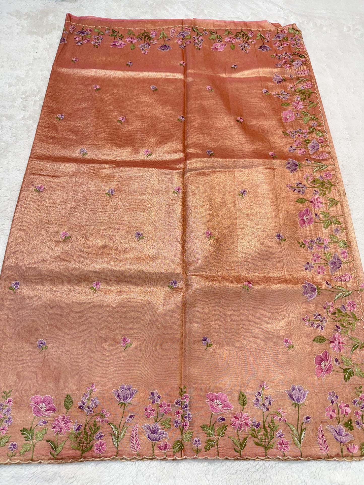Peach Shade Tissue Cutwork Designer Embroidery Premium Banarasi Saree