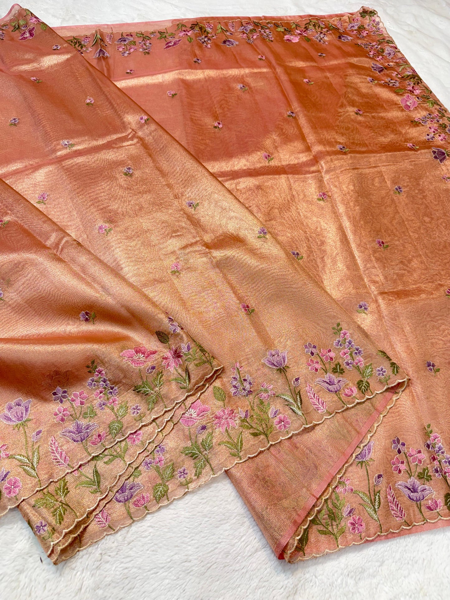 Peach Shade Tissue Cutwork Designer Embroidery Premium Banarasi Saree