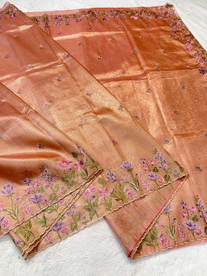 Peach Shade Tissue Cutwork Designer Embroidery Premium Banarasi Saree