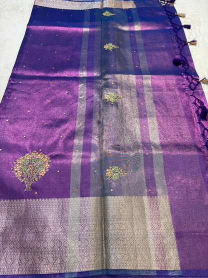 Blue Tissue Cutwork Designer Embroidery Premium Banarasi Saree