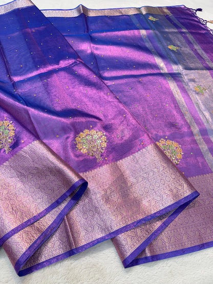 Blue Tissue Cutwork Designer Embroidery Premium Banarasi Saree