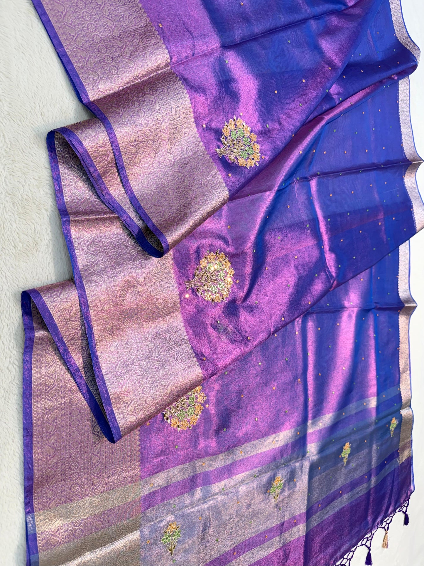Blue Tissue Cutwork Designer Embroidery Premium Banarasi Saree