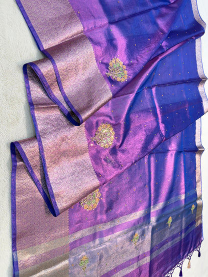 Blue Tissue Cutwork Designer Embroidery Premium Banarasi Saree