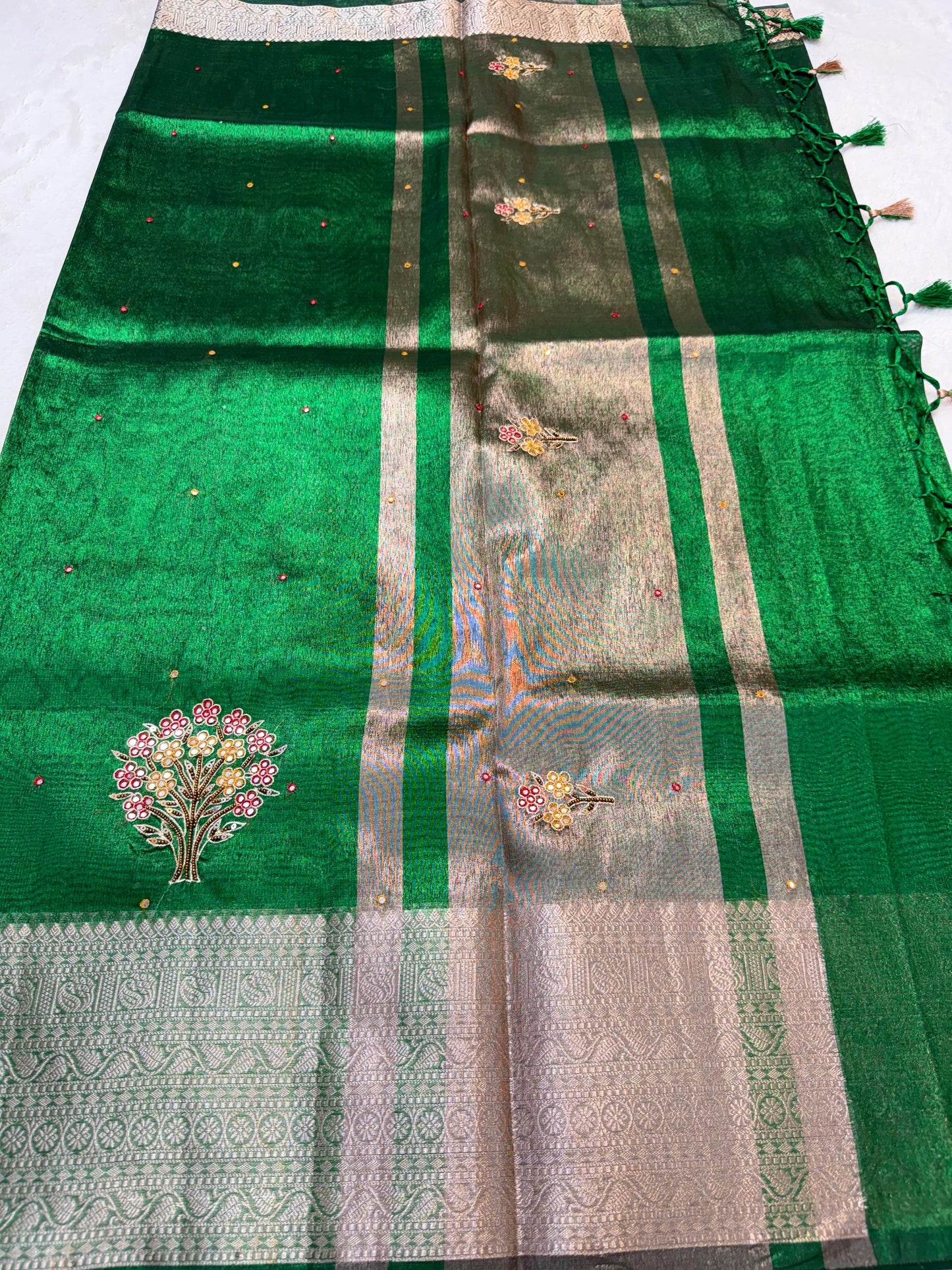 Green Tissue Cutwork Designer Embroidery Premium Banarasi Saree