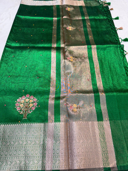 Green Tissue Cutwork Designer Embroidery Premium Banarasi Saree