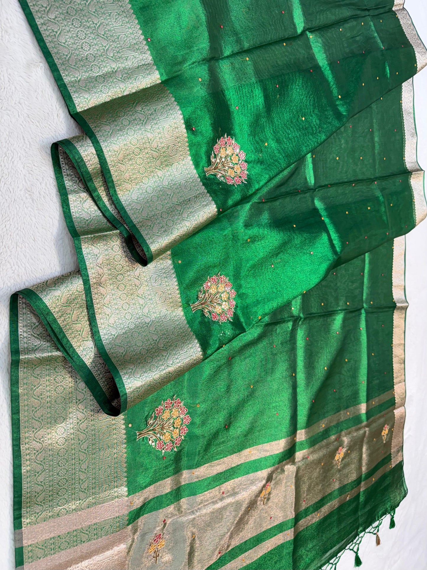 Green Tissue Cutwork Designer Embroidery Premium Banarasi Saree