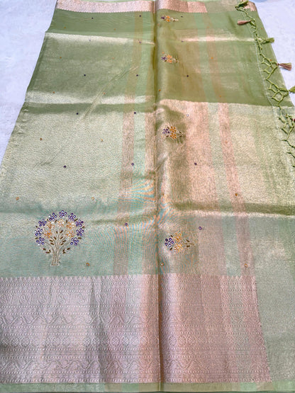 Pista Green Tissue Cutwork Designer Embroidery Premium Banarasi Saree