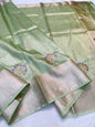 Pista Green Tissue Cutwork Designer Embroidery Premium Banarasi Saree