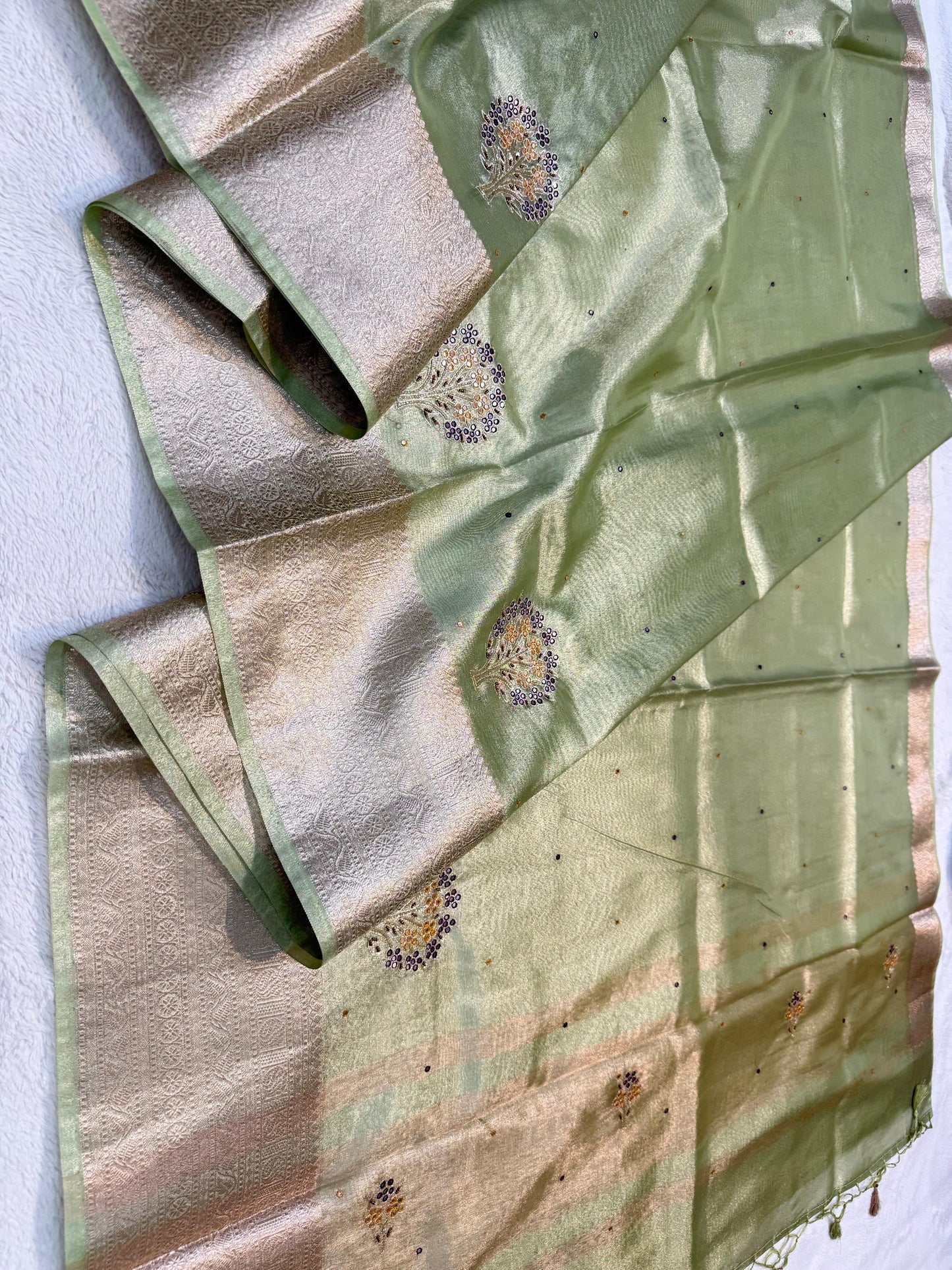 Pista Green Tissue Cutwork Designer Embroidery Premium Banarasi Saree