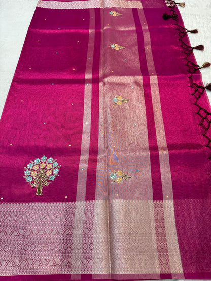 Rani Tissue Cutwork Designer Embroidery Premium Banarasi Saree