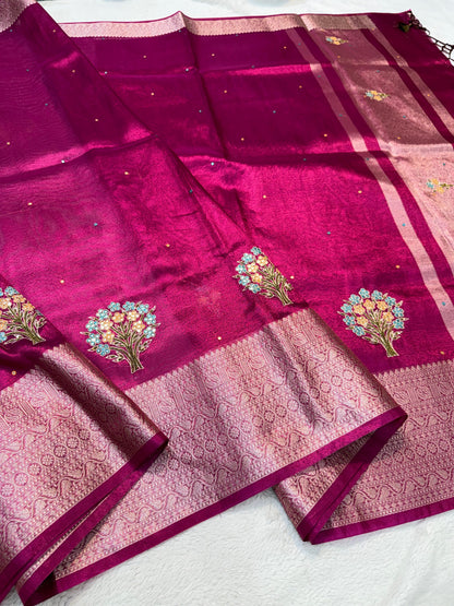 Rani Tissue Cutwork Designer Embroidery Premium Banarasi Saree