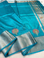 Feroza Blue Tissue Cutwork Designer Embroidery Premium Banarasi Saree