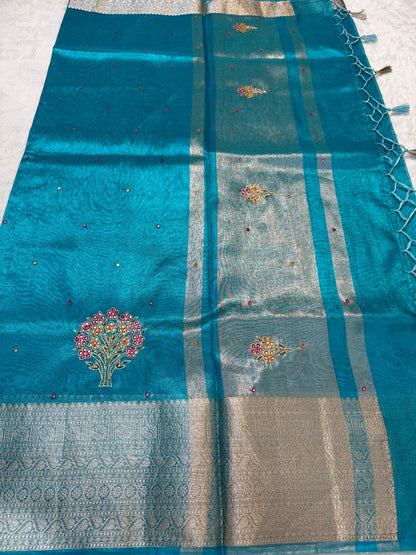 Feroza Blue Tissue Cutwork Designer Embroidery Premium Banarasi Saree