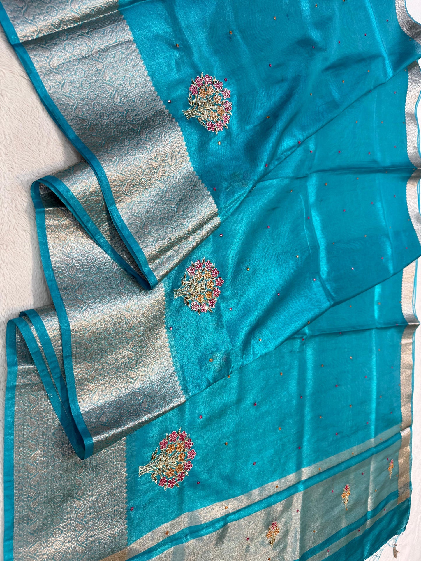 Feroza Blue Tissue Cutwork Designer Embroidery Premium Banarasi Saree
