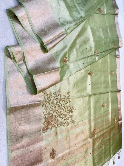 Pista Green Tissue Designer Handwork Premium Banarasi Saree