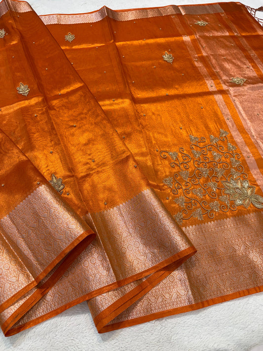 Orange Tissue Designer Handwork Premium Banarasi Saree