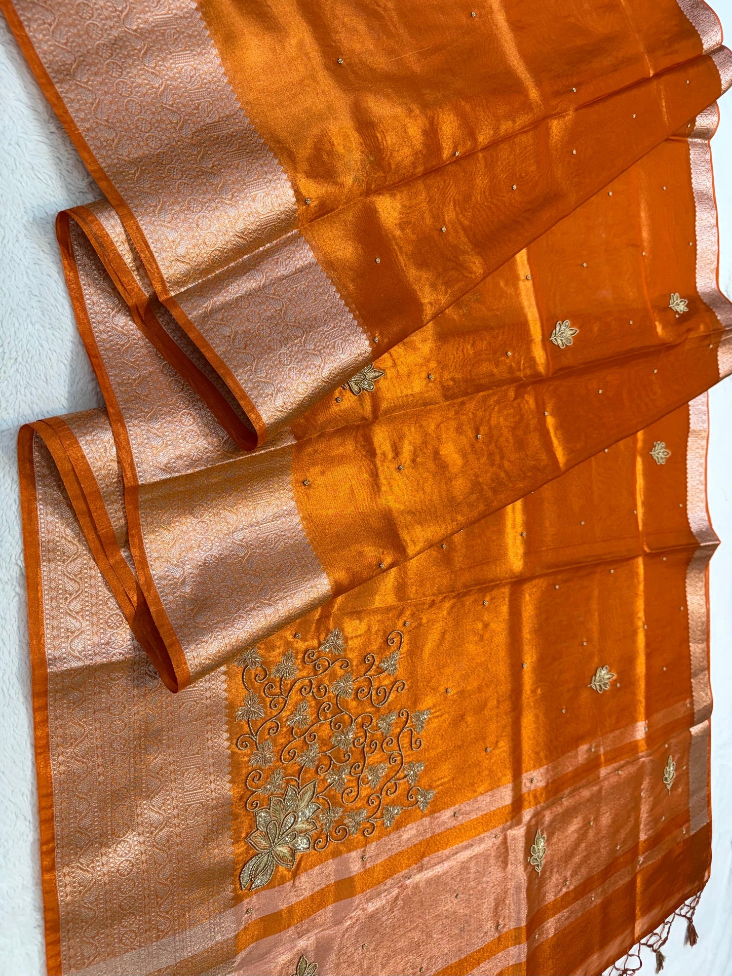 Orange Tissue Designer Handwork Premium Banarasi Saree