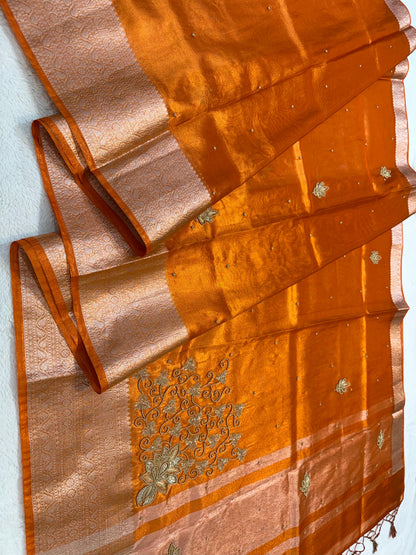 Orange Tissue Designer Handwork Premium Banarasi Saree