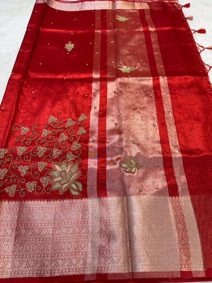 Red Tissue Designer Handwork Premium Banarasi Saree