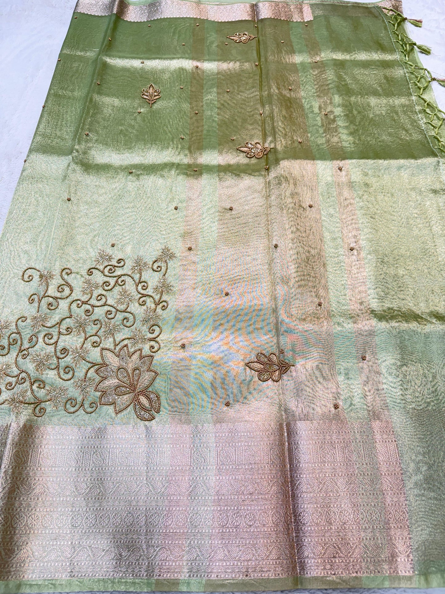 Pista Green Tissue Designer Handwork Premium Banarasi Saree