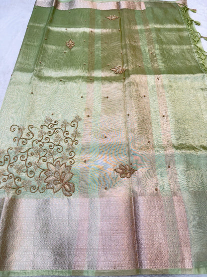 Pista Green Tissue Designer Handwork Premium Banarasi Saree