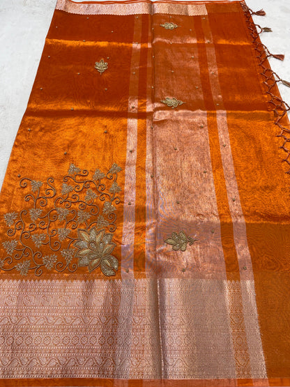 Orange Tissue Designer Handwork Premium Banarasi Saree